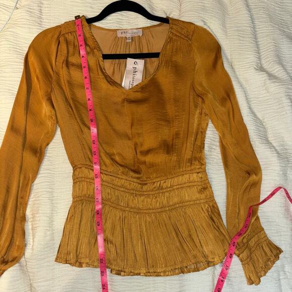 Philosophy Gold Puff Sleeve Smocked Waist Pleated Blouse Size XS NWT - Picture 14 of 14